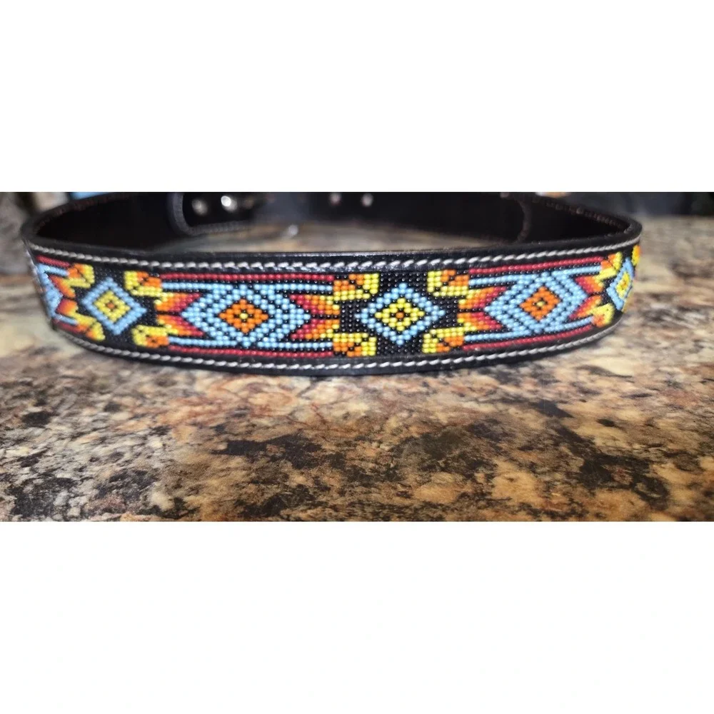 Beaded Tooled Leather Western Belt,  Rodeo, Festival, Concert
